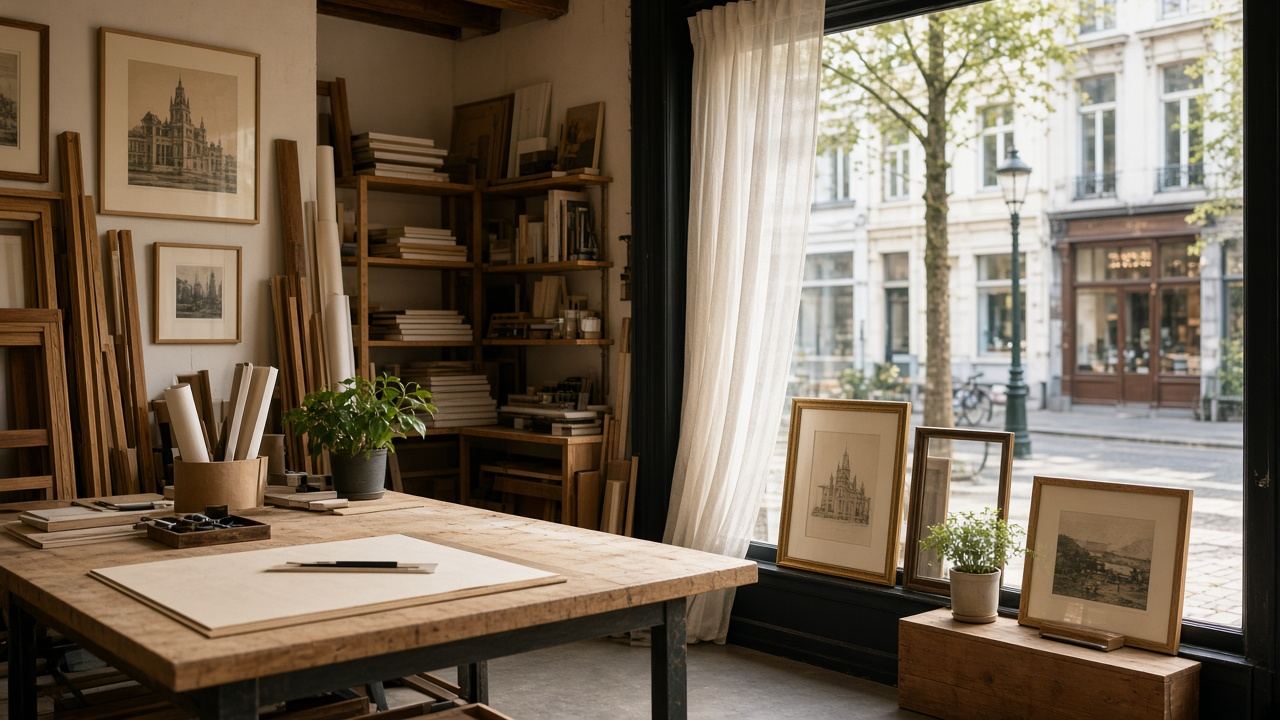 Framing shop workspace at Velvetloop House
